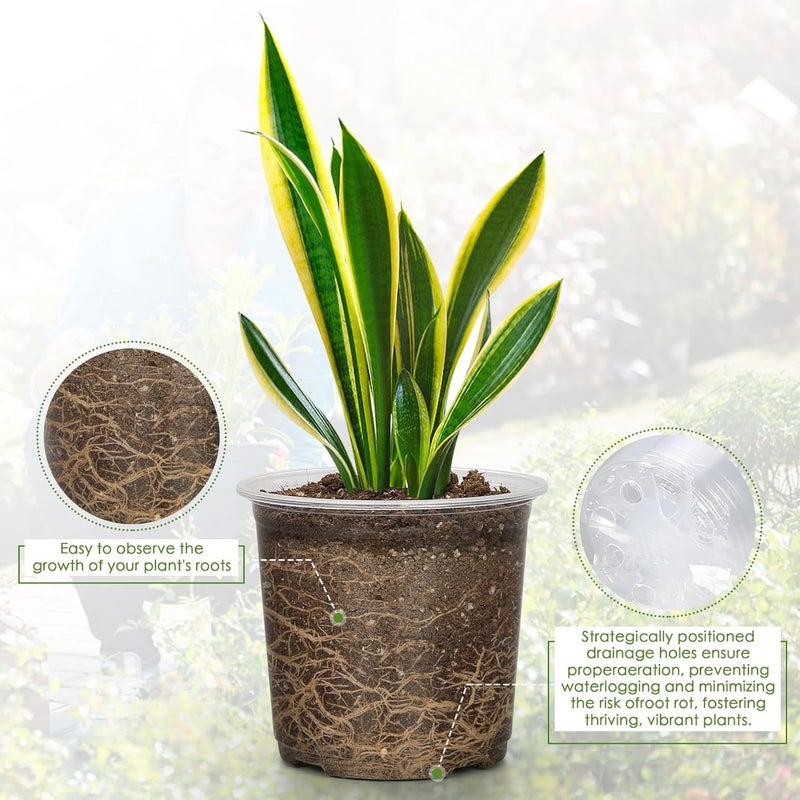 FUIJOL 7 Inch Clear Nursery Pots for Plants with Sacuers 15 Pack, Plastic Flower Pots with Drainage Holes, Variety Pack Seedlings Garden Pot for Indoor Outdoor (7 inch) - Image 3
